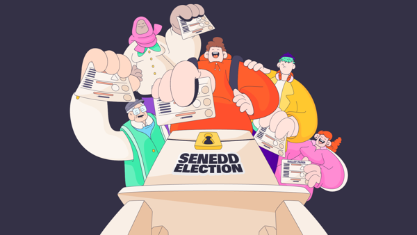 Graffeg cartŵn yn dangos pobl yn pleidleisio