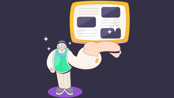 Graffeg cartŵn o dyn yn dal tabled ac yn dangos gwefan bwrwpleidlais.cymru ar y sgrin