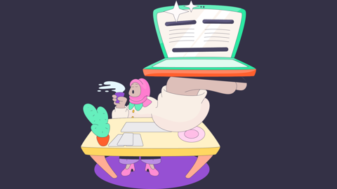 Graffeg cartŵn o fenyw yn dal gliniadur ac yn dangos gwefan bwrwpleidlais.cymru ar y sgrin