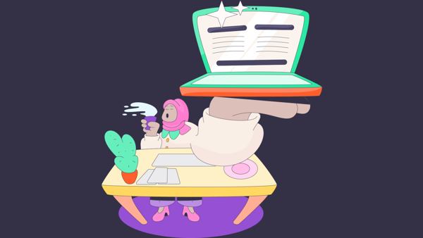 Graffeg cartŵn o fenyw yn dal gliniadur ac yn dangos gwefan bwrwpleidlais.cymru ar y sgrin