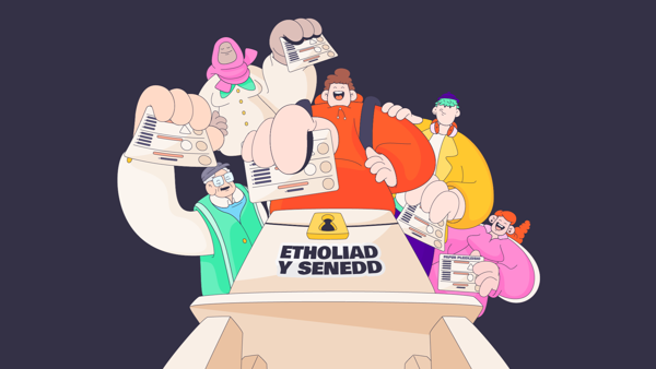 Graffeg cartŵn yn dangos pobl yn pleidleisio