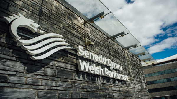 Wal allanol y Senedd gyda logo'r Senedd arno